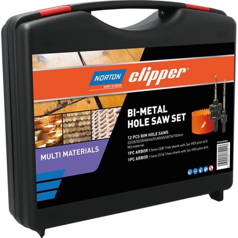 Norton Clipper Premium -  Satz de 14 Sägen de Bimetall-Kronensäge (22-102 mm, 2 Schäfte, Koffer) für verschiedene Materialien wie Metall, Holz und Gipskarton