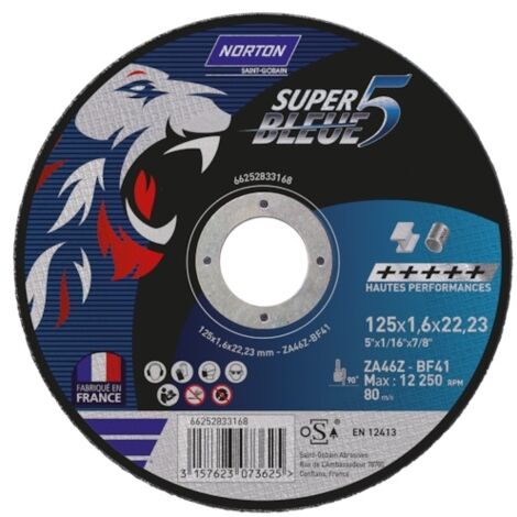 Norton – Disque à tronçonner 125mm – Épaisseur 1.6mm – Alésage 22.23mm – Grain oxyde d'aluminium et zirconium – Lot de 50 disques - 41-plat