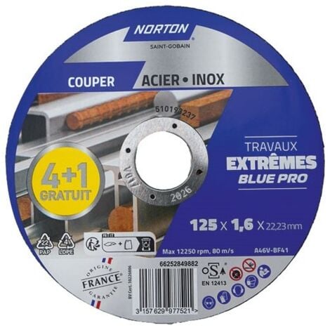 NORTON - Disque à tronçonner travaux extrêmes métaux 125 x 1.6 x 22.2 mm (lot de 5)