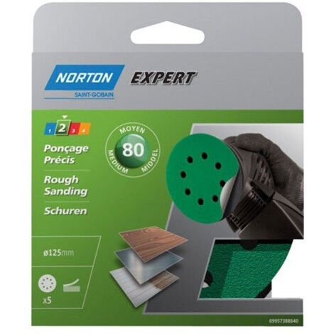 Norton – Disque abrasif 125mm grain 80 – Lot de 5 disques auto-agrippants – Pour ponçage bois, métal et peinture – Aspiration optimale