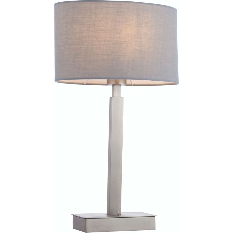 Table Lamp Matt Nickel Plate, Grey Fabric Oval Shade With Usb Socket
