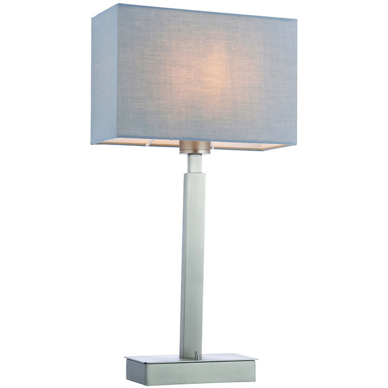 Table Lamp Matt Nickel Plate, Grey Fabric Rectangular Shade With Usb Socket