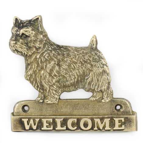 Norwich Terrier - cartel para puerta con un perro, placa de bienvenida de latón, cartel único con la palabra Welcome de Art-Dog