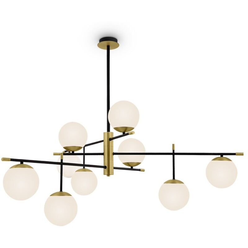 Lampadario Contemporanea Nostalgia Metallo Oro Opaco 9 Luci Diffusori Bianchi