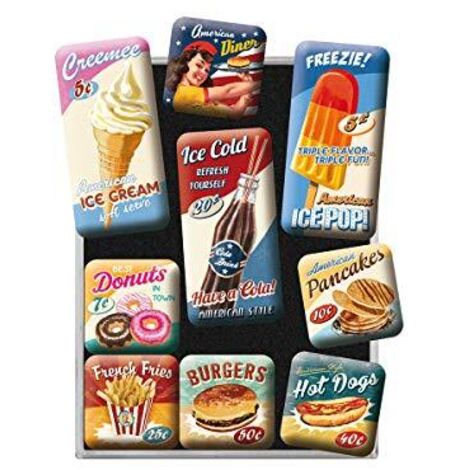 Nostalgic-Art Set di Magneti Vintage American Diner  Idea Regalo per Amanti delle cene, Decorazione del Frigorifero, Design nostalgico, 9 Pezzi, 9 unità