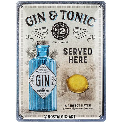 Nostalgic-Art Targa Vintage Gin & Tonic Served Here – Idea regalo per amanti dei cocktail, in metallo, Design retro per decorazione, 30 x 40 cm