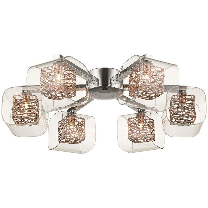 6 Light Flush Multi Arm Mesh Ceiling Light Chrome, Copper and Glass, G9 - Spring Lighting