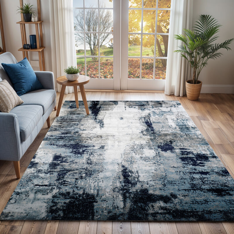 Surya - Tapis de Couloir Abstrait Moderne Bleu/Blanc/Gris 80x220 cm