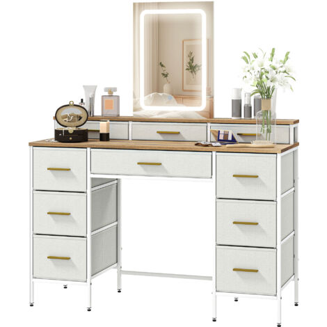 NOUVEAU Coiffeuse avec miroir et lumières LED 3 couleurs, table de maquillage 10 tiroirs en tissu,118,5 x 39,5 x 140cm naturel