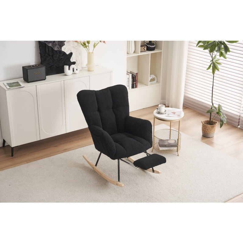 Fauteuil à bascule moderne en tissu rembourré Teddy avec repose-pieds amovible, noir