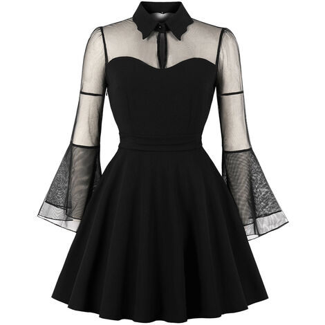 Nouveau femmesHalloween reine noire maille trompette manches couture robe rétro 1685 noir L (noir-L)