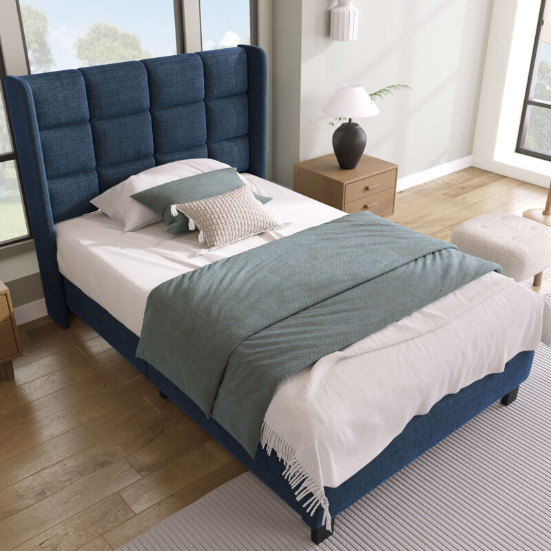 Okwish - Lit simple 90x200 cm lit capitonné avec la tête de lit et sommier à lattes, tissu en lin, bleu, sans matelas