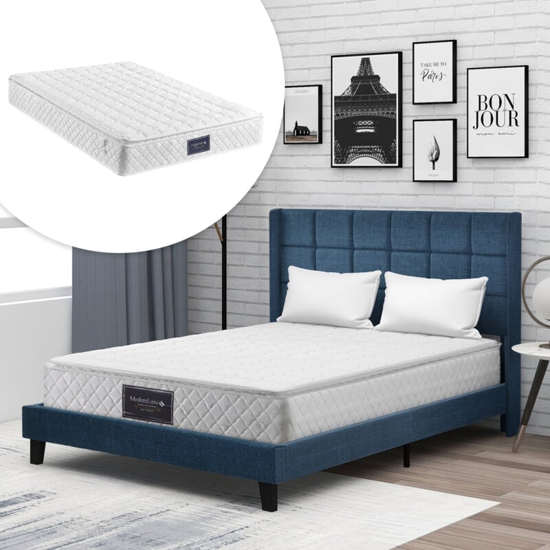 Okwish - Lit capitonné 140x200 cm lit double avec tête de lit capitonnée et sommier à lattes, tissu en lin, bleu, matelas inclus