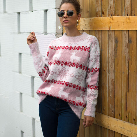 Nouveau pull de Noël femme automne/hiver flocon de neige cerf pull pull rose Xl (Xl)