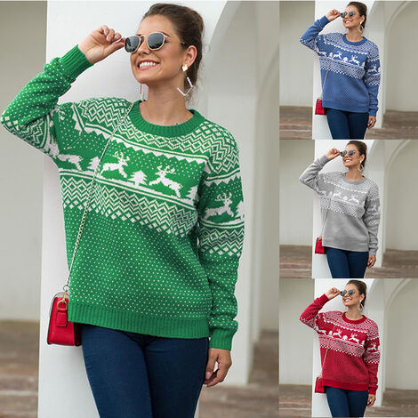 Nouveau pull de Noël femme col rond pull à manches longues fauve pull vert S (S)