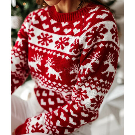 Nouveau Pull Tricoté Femme Elk de Noël à Manches Longues Tricoté Nouveau Pull Tricoté Femme Elk de Noël Pull Tricoté à Manches Longues (Rouge M)