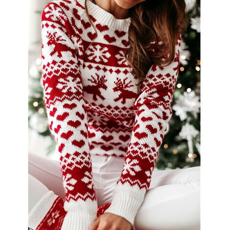 Nouveau Pull Tricoté Femme Elk de Noël Pull Tricoté à Manches Longues (Blanc M)