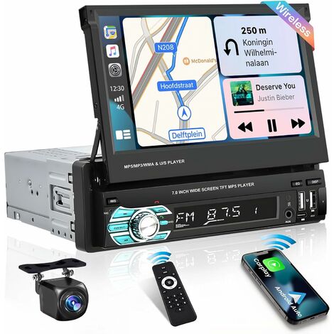 1din Car Stereo Sans Fil Carplay Android Auto 7in Électrique Flip Out Écran Tactile  Autoradio Bluetooth Miroir Link Caméra