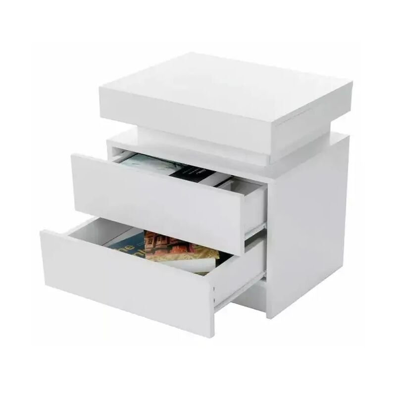 Table de Chevet en mdf avec 2 tiroirs et 16 Couleurs LED,Meuble de Rangement Table Moderne - 35 x 45 x 52cm - Blanc
