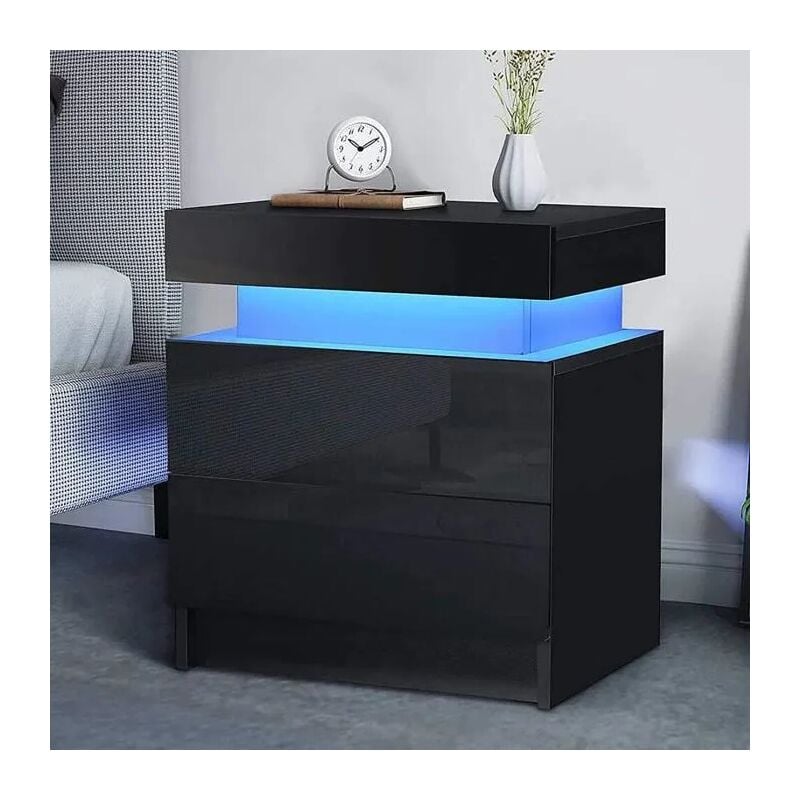 Table de Chevet en mdf avec 2 tiroirs et 16 Couleurs LED,Meuble de Rangement Table Moderne - 35 x 45 x 52cm - Noir