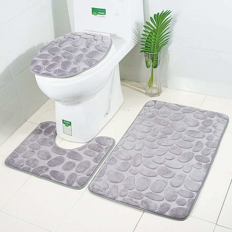 Nouveau Tapis de Bain antiderapantm,Tapis Salle Bain 3 pièces Ensemble de Tapis de Salle de Bain Contour Tapis Toilette WC(Gris V2)