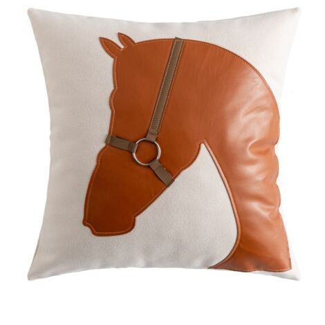 Nouveauté coussin motif tête de cheval, similicuir assemblé & laine double face 50×50cm pour canapé