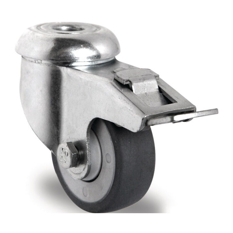 FP - Roulette pivotante avec frein total, roue ø 100 mm, capacité de charge 100 kg avec trou arrière 11 mm, roulement à billes en caoutchouc, gris