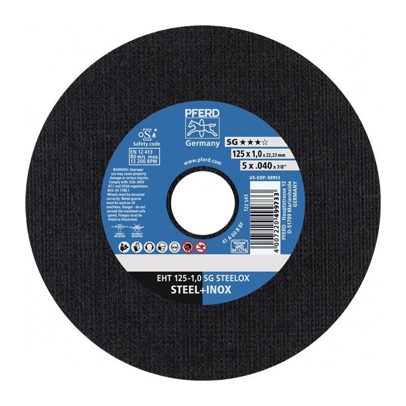Disque à tronçonner sg steelox D125x1.6 mm droit inox perçage 22.23 mm pferd (Par 25)