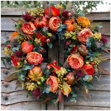 Nouvelle couronne de Noël suspendue de 15 points et 75 pouces pour porte, feuilles, citrouilles, roses, décoration en rotin pour Noël et Thanksgiving