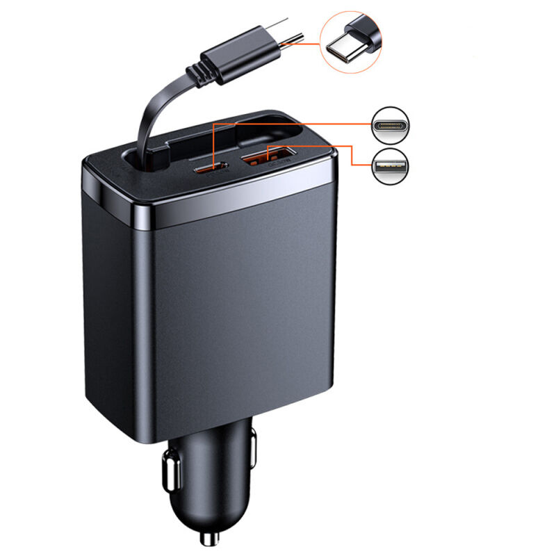 Chargeurs de voiture rétractables 3 en 1 Adaptateur de charge rapide avec 1 câble de charge rétractable et 2 ports de charge pour smartphone,