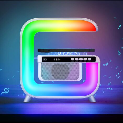 Nouvelle Lampe de Table Intelligente, Lampe D'ambiance Avec Chargeur Sans Fil, Haut-Parleur Bluetooth, Lampe de Table LED, Veilleuse, Lampe de Chevet, Musique, Réveil FM, Carte USB AUX/TF (Blanc)