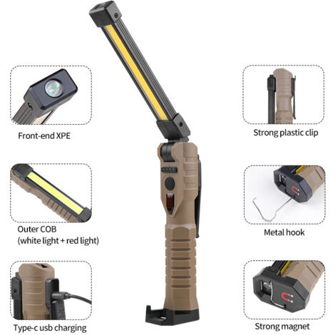 Nouvelle lampe de travail COB pliable à double face avec aimants puissants, trois modes d'éclairage et fonction lampe torche d'urgence