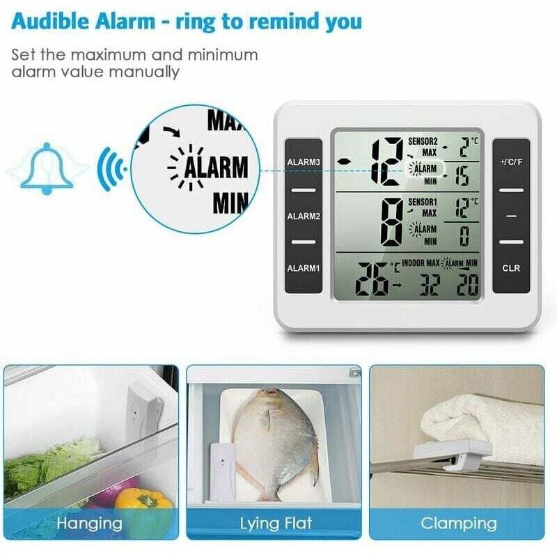Nouvelle version) amir Thermomètre de réfrigérateur, thermomètre intérieur extérieur sans fil, capteur de température avec alarme sonore Jauge de