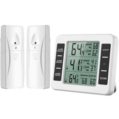 (Nouvelle version) AMIR Thermomètre de réfrigérateur, thermomètre intérieur extérieur sans fil, capteur de température avec alarme sonore Jauge de température pour congélateur Cuisine Maison (Batterie