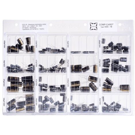 NOVA CCC-19 Assortiment de condensateurs électrolytiques sortie radiale 25 V, 35 V, 50 V, 63 V, 100 V 20 % 193 parties R722032