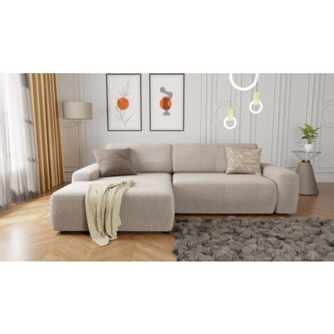 Nova - Ecksofa mit Schlaffunktion und Bettkasten aus Beige Samt-Stoff schöner Sitzkomfort