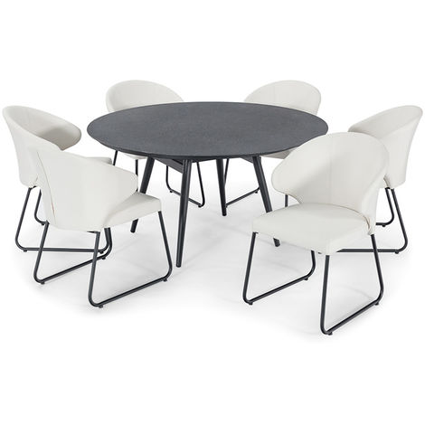 Nova - Hokuto 6 Seat Outdoor Fabric Dining Set - 1.45m Round Garden Table & Chairs - Cream