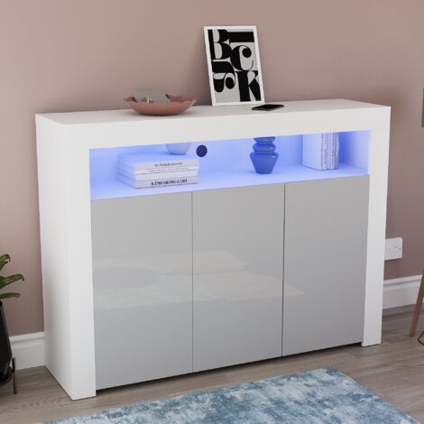 Nova LED Sideboard 3 Door Modern High Gloss Storage Cabinet Cupboard, White-&-Grey