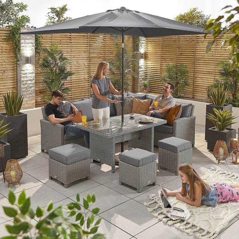 Nova Outdoor Living Ciara Right Hand Corner Sofa Dining Set With Parasol Hole Table - White Wash Half Rod Rattan Weave