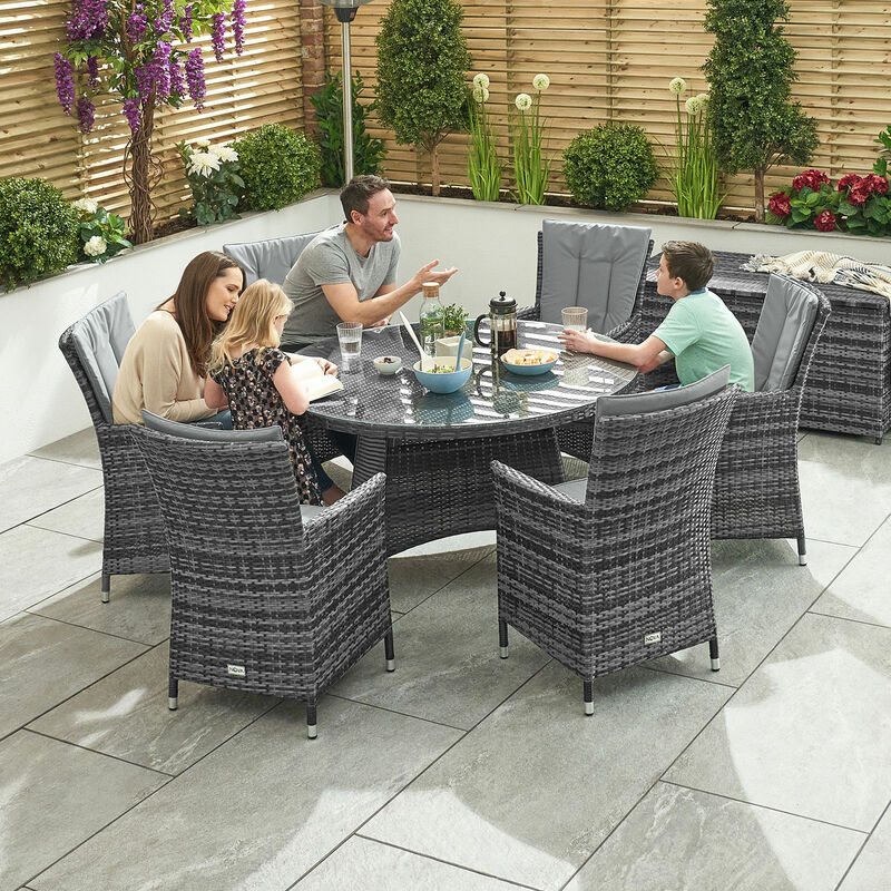 Nova Sienna 6 Seat Outdoor Rattan Dining Set 1 3m Round Garden Table Chairs Grey N16546