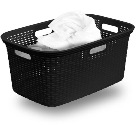 Novaliv Wäschekorb  1 Stück Rattan Wäschekorb mit Deckel und vier Griffen 40L Schwarz