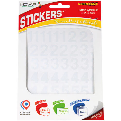 Novap – Chiffres autocollants vinyle coloré 20mm blanc – Adhésif acrylique pour surfaces lisses – 2 feuillets et 5 bandes transfert – 4370132