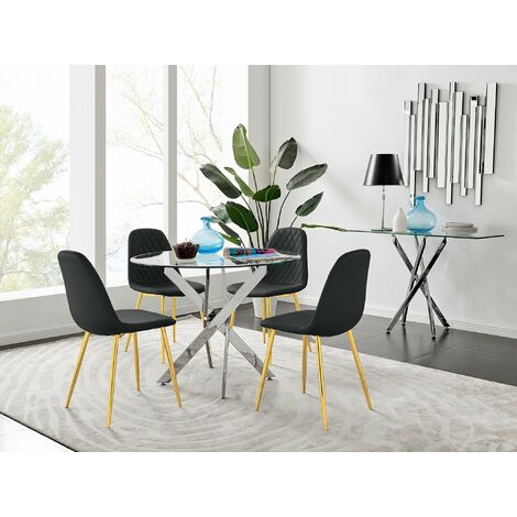 Novara Chrome Metal 100cm Round Glass Dining Table And 4 Corona Gold Dining Chairs