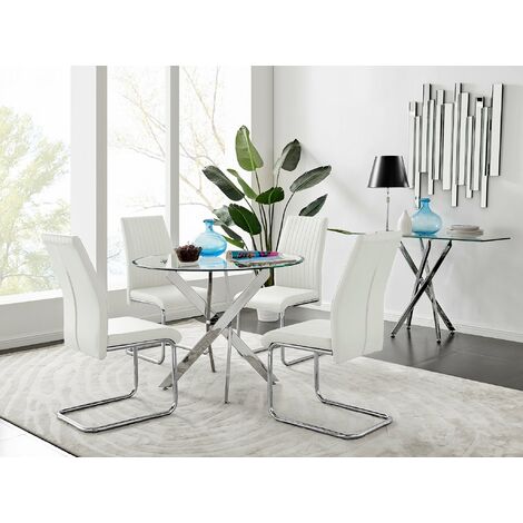main image of "Novara Chrome Metal 100cm Round Glass Dining Table And 4 Lorenzo Dining Chairs"