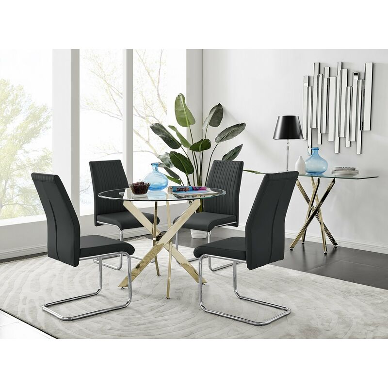 Novara Gold Metal Round Glass Dining Table And 4 Black Lorenzo Dining Chairs - Black