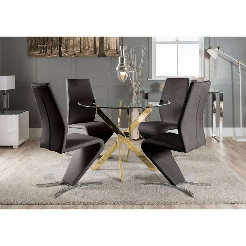 Novara Gold Metal Round Glass Dining Table And 4 Black Willow Dining Chairs - Black