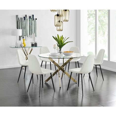 Novara GOLD Round Dining Table (120) & 6 Corona Black Leg Chairs