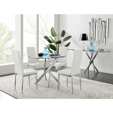 main image of "Novara Chrome Metal And Glass 100cm Round Dining Table And 4 Milan Dining Chairs Set"