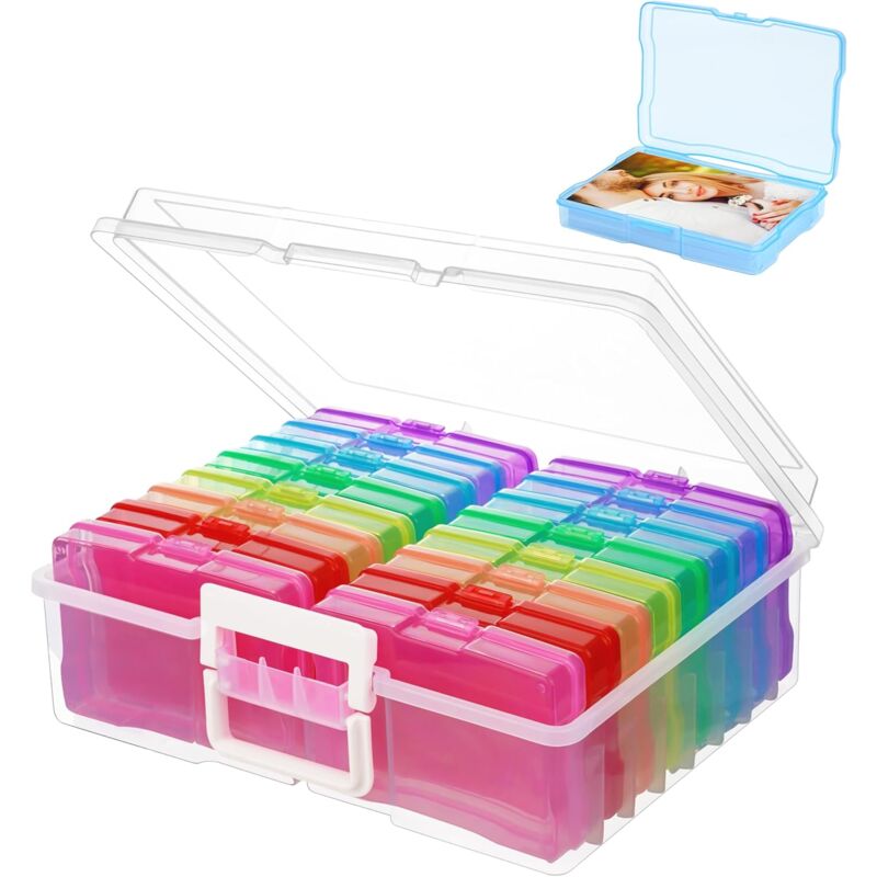 16 étuis intérieurs Boîte de rangement en plastique - Boîtes photo transparentes 10,2 x 15,2 cm et transparent Craft Keeper avec poignée - Mallette
