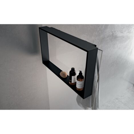 Novellini – Étagère suspendue 60x8,5x40 cm en aluminium noir mat – Fixation facile pour parois de douche 6/8 mm – Crochet porte-serviette inclus